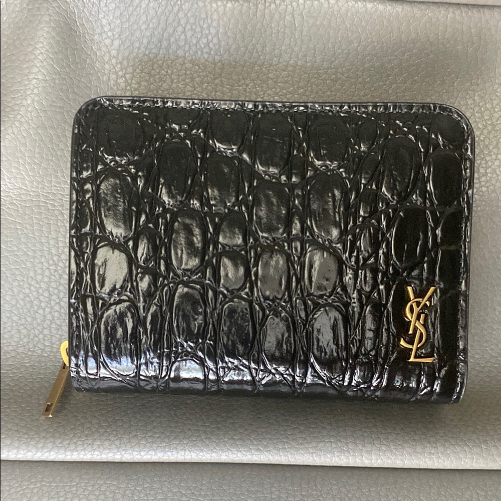 Saint Laurent Black Croc-Embossed Leather Zip Around Compact Wallet